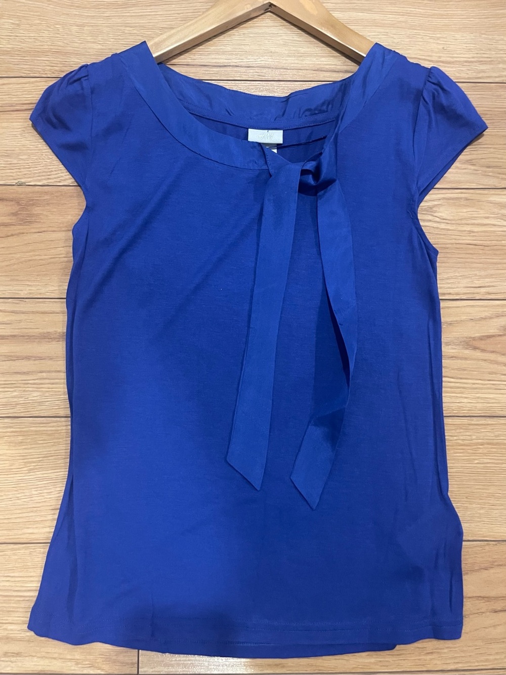 H&M Cobalt Blue Tie-Neck Cap Sleeve Blouse small viscose and silk